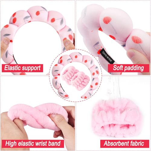 Zkptops Spa Headband for Washing Face Wristband Set Sponge Makeup Skincare Headband Velvet Fabric Bubble Soft Get Ready Hairbands for Women Puffy Headwear Non Slip Thick Thin Hair Accessory (Cherries) - color: ZYC Cherries