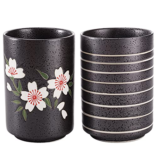 Hedume Set of 2 Japanese Tea Cups, 10oz Ceramic Teacup Mug, Japanese Cherry Blossoms and Line Design Ceramic Tea Cups Set for Green Tea, Matcha Tea, Bancha - size: 2 Count (Pack of 1)