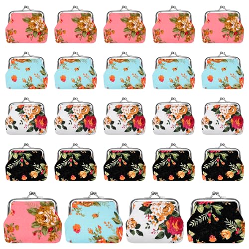 24pcs Canvas Floral Coin Purses, Vintage Kiss Lock Canvas Floral Buckle Coin Purse Change Purses for Women, 4 X 3 Inch Fabric Coins Purse Rose Flower Wallet for Women, Bulk Small Wallets Party Favors