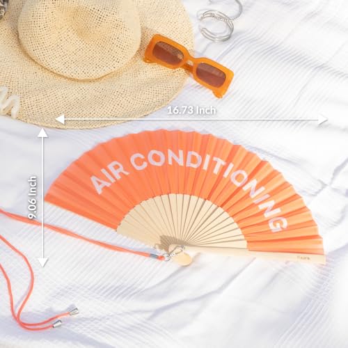 Fisura – Original Folding Fan with Message “Air Conditioning”. Orange Wooden Handheld Fan for Women. Accessory for Raves, Weddings, Birthdays, Festivals, Parties and Unique Gift Ideas. - color: Air Condiditioning, Orange