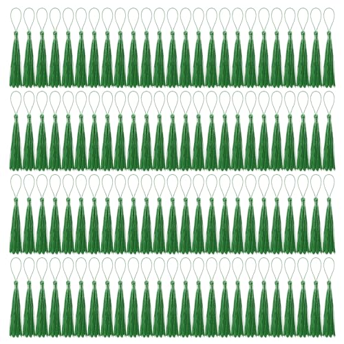 100 Pcs Bookmark Tassels Bulk Grass Green Soft Craft Silky Handmade Mini Tassels for Jewelry Making with Loops for DIY Craft Accessory Dress Decoration - color: Grass Green