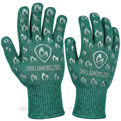 Grill Armor Oven Gloves with Fingers – 932°F Heat, Fire & Cut Resistant Mitts for BBQ, Grill, Cooking, Grilling, Baking, Smoker & Fire Pit - color: Green Glow in the Dark, size: One Size Fits Most Standard Cuff
