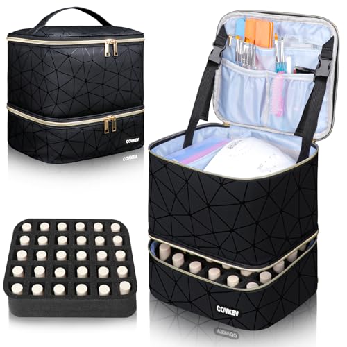 Covkev PU Leather Nail Polish Organizer Bag Holds Nail Lamp& 30 Bottles (15ml-0.5 fl.oz), Portable Travel Nail Kit Storage Carrying Case, Double Layer Nail Supplies Organizer Handbag (Elegant Black) - color: Elegant Black - 30 Bottles