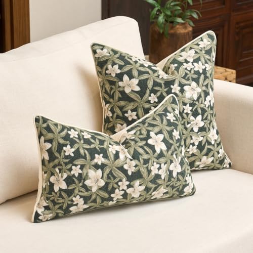 Aeckself Neutral Floral Pillow Cover 12 x 20 Inch, Vintage Chenille Rectangle Throw Pillow Cover Soft Home Decorative Farmhouse Accent Couch Pillow Cover for Living Room Bedroom, Green - color: Green, size: 20" x 12" (Pack of 1)