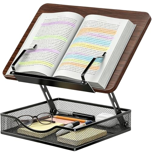 Adjustable Book Stand for Reading with Storage - 2-13" Height Hands-Free