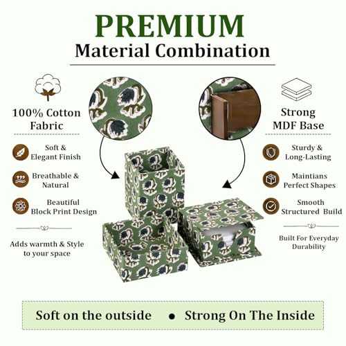 Ridhi Basil Green Block Print Office Desk Organizer Pen & Note Holder - color: Basil Green