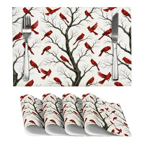Winter Cardinal Christmas Placemats Set of 4, Vintage Red Birds Decorative Linen Place Mats, Washable Heat Resistant Table Mats for Seasonal Christmas Holiday Kitchen Dining Home Decor - color: Cardinal