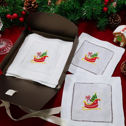 100% Linen Cocktail Napkins with Eembroidery Christmas Sleigh 6 Pack Cloth Coaster for Xmas Parties Kitchen Coffee Bar Gift Ladder Hemstitch Snowy Sleighride Square Fabric Napkins (6"x6") - color: Sleigh
