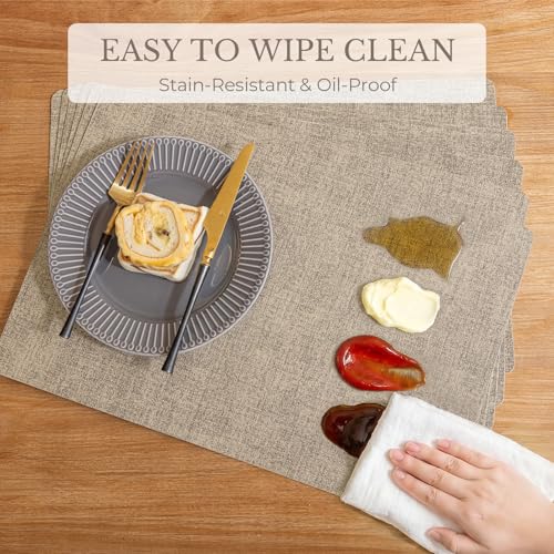 Romanstile Vinyl Placemats Set of 6-12 X 18 Inch - Heat Resistant Place Mats 100% Waterproof Oilproof Wipeable Reversible Faux Leather Table Mats for Kitchen/Dining/Party/Outdoor, Khaki - color: Khaki