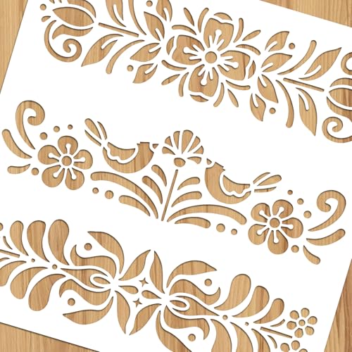 12" Scandinavian Stencils Fabric Stencil Paint Fork Art Floral Stencil Plastic Forkart Stencils for Painting Wall Furniture Canvas Fabric Floral Pattern, 12x12inch, Reusable