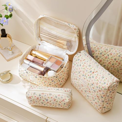 HBselect Quilted Makeup Bag, 3Pcs Cotton Large Travel Makeup Bags Organizer - color: A-3PCS-Floral 12