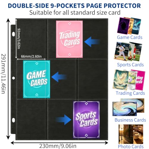 9 Pocket Page Protectors,Double-Sided Trading Card Sleeves for 11 Ring Binder,Acid-Free Baseball Cards Holder, Protective Pages Sheets for Collectible Games, Sports Cards(100Pack, Black, Side-Loading) - color: Black, size: Side-Loading