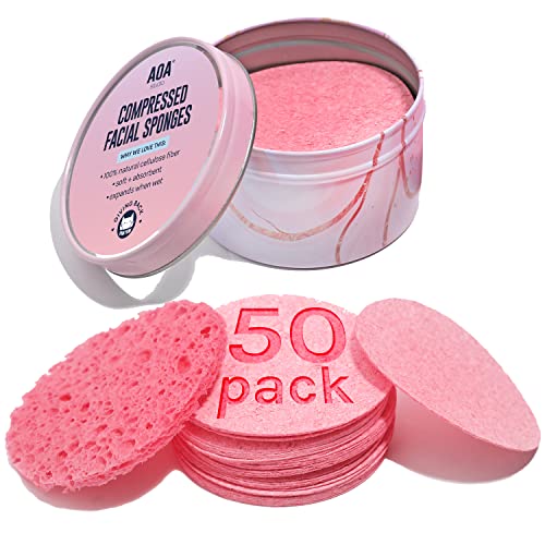 AOA Studio 50-Count Compressed Facial Sponges 100% Natural Cosmetic Spa Sponges for Facial Cleansing, Exfoliating Mask, Remove for Makeup, Dead Skin, and Dirt (50 counts, Pink) - color: Pink, size: 1 Count (Pack of 50)