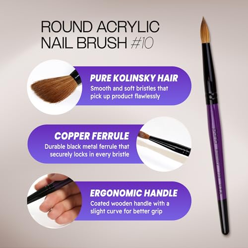 PANA Pure Kolinsky Hair Acrylic Nail Brush - Round Shape Black Ferrule with Purple Wood Handle (Size 10) - color: Purple, size: Size 10