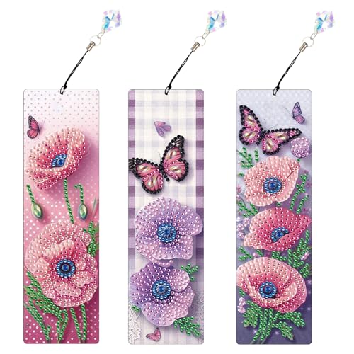 Tontut 3pcs Diamond Art Painting Kit Bookmark, Lotus Flower Exquisite Universal DIY Bookmark, Lightweight and Durable, Suitable for Reading Lovers - color: Lotus Flower