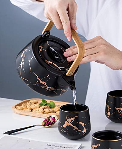 Serve of 4-Marble Porcelain Teapot Set with Infuser for Loose Tea, Black - color: Black