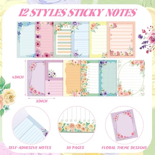 Dispowreath 24 Pcs Floral Sticky Notes with Pens Flowers Christmas Cute Gifts Notepads Memo Notes Pads Self Adhesive Black Ink Ballpoint Pen Office School Bulk Stocking Stuffers for Kids Adults - style: Floral