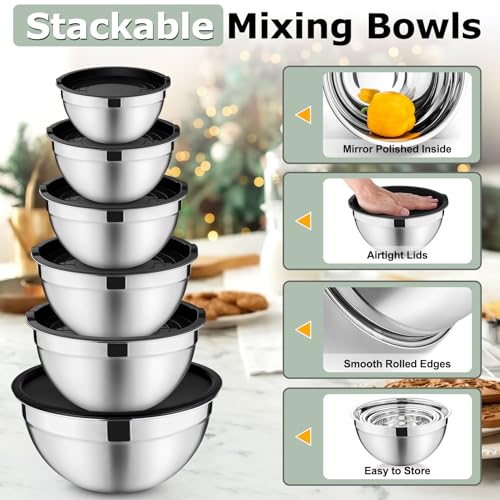 P&P CHEF Mixing Bowls with Lids Set of 6, Nesting Salad Bowl, Black - color: Black