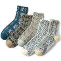 5/6 Pair Crew Socks for Women Floral Socks - color: Light Green, Khaki, White, Dark Blue, Brown
