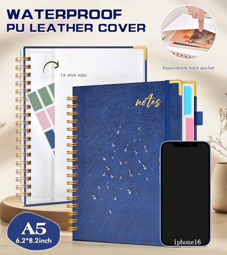 PAPEJOON 5 Subject Spiral Notebook Journal with Removable Dividers Tabs, 300 Pages Organizer Notebooks for Work School, A5 Hardcover Leather Notebook College Ruled, Lined Journal for Women Men，Navy - color: Navy, size: A5