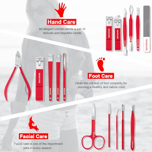 Manicure Set Professional Nail Clippers Pedicure Kit,16 pcs Stainless Steel - color: Red