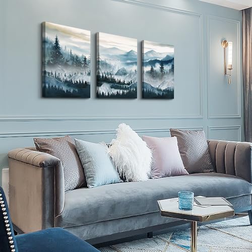 MHARTK66 Mountain Landscape Wall Art for Living Room, Large Foggy Forest Watercolor Artwork for Walls, 3 Piece Nature Mountain Forest Paintings Prints for Hallway Office Kitchen Wall Decor, 16x24 Inch - color: Forest Trees Landscape Wall Painting, size: 1