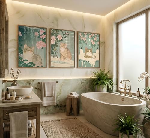 3Pcs Cute Funny Japanese bathroom Cat Canvas Wall Art plant flower Tabby Cat Posters Prints paintings Vintage Japan Toilet Wall Decor Pictures for Bathroom Toilet Home Decoration Unframed - color: Bathroom cat