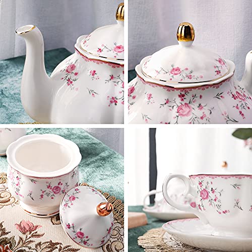 fanquare Vintage Porcelain Tea Set for Women Tea Party, Cup and Saucer Set for 6, Wedding Floral Teapot Set for Adults, Pink Rose - color: Pink