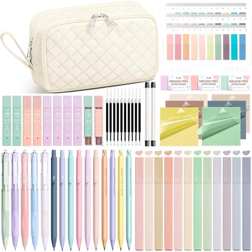 62PCS Aesthetic Back to School Supplies w/ Cute Pencil Case Stationary Set - color: Beige