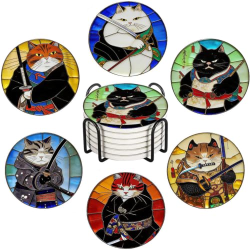 Nikyi 6 Pcs Cat Ceramic Absorbent Coasters, Round Drink Coaster with Metal Holder and Cork Base, for Coffee Table Kitchen Bedroom Living Office Desk Home Decor or Funny Gifts - color: Cat Ninja