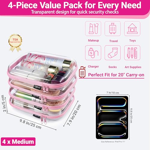 YQBRAO Clear Hard Shell Zipper Cases, 4 Medium Makeup Organizers, Pink - color: Pink, size: 4 Pack(M)