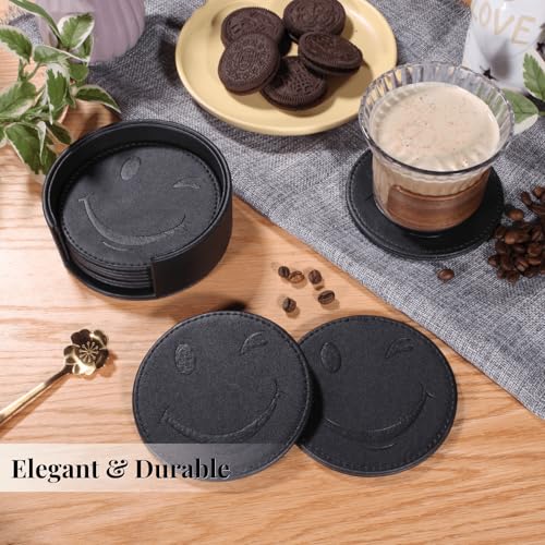 Coasters for Drinks Set of 6 with Holder, 6-Piece Leather Coasters with Embossed Smiley Designs - Durable Drink Coasters Set for Home, Bar, or Office - Black - color: Black