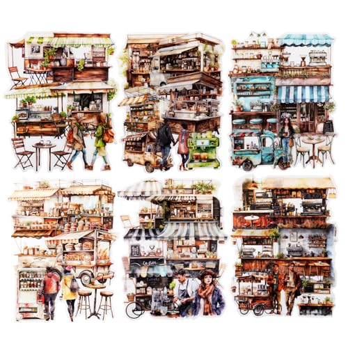 90 Pcs Vintage Coffee Shop PET Stickers for Scrapbook Journaling - color: Coffee Market