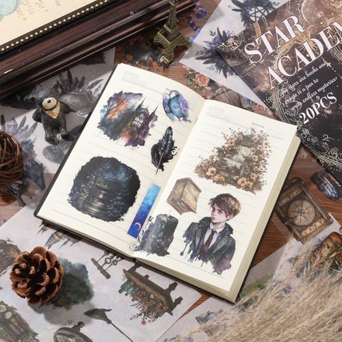 Fantasy Scrapbook Stickers 20 Sheets 240 Pre-Cut Magic Washi Stickers for Journaling PET Transparent Book Sticker Decorative or DIY Paper Crafts, Arts and Crafting Projects - color: Star Academy