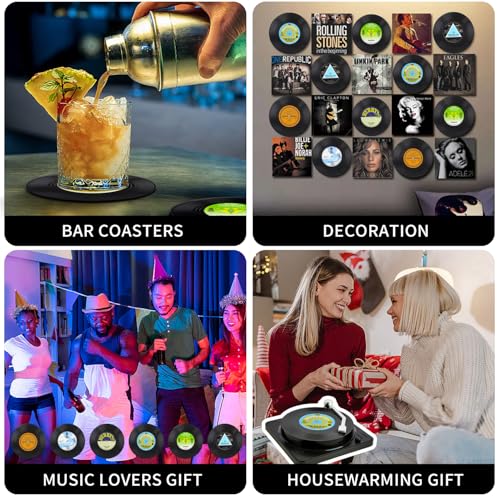Funny Retro Record Coasters for Drinks with Vinyl Player Holder for Music Lovers,Set of 6 Conversation Piece Sayings Drink Coaster,Housewarming Hostess Wedding Registry Gift Ideas - style: A001