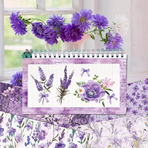 Purple Scrapbook Paper Vintage Flower Pattern Papers Pad 12×12,24 Sheets Double-Sided Spring Purple Floral Scrapbooking CardStock Paper Pad for Holiday Cardmaking DIY Junk Journal Papers. - color: WW213