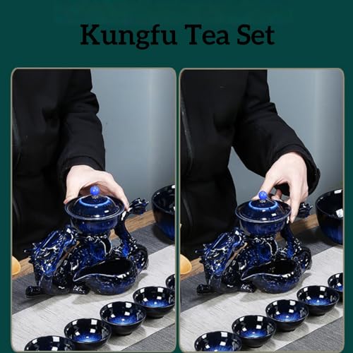 Chinese Gongfu Tea Set Ceramic Teapot with Infuser,8 Cups, Semi Automatic Dragon Design for Loose Leaf Tea - color: Gradient Dragon - A
