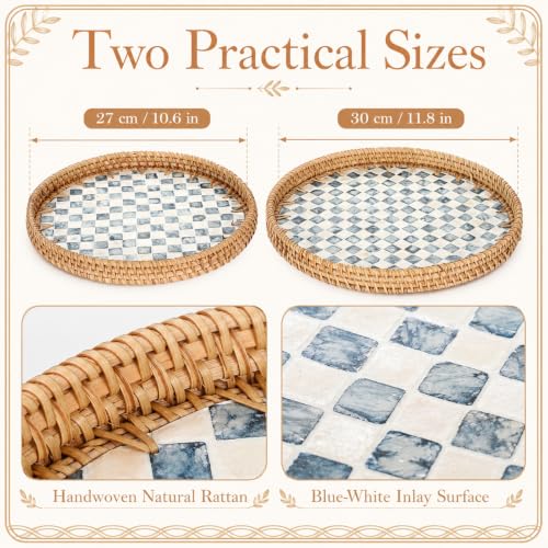 2 Pack Round Rattan Tray with Mother of Pearl Inlay Rattan Serving Tray for Coffee Bread Fruits Decorative Wicker Serving Platter for Table Home Kitchen Decor Blue Checkerboard Style, 2 Size - color: Blue Checkerboard, size: 2 Size