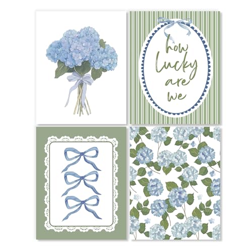 LUKIPOM Green Hydrangea Wall Art Poster,Grandmillennial Blue and Green Cottagecore Floral Canvas Wall Decor Gifts for Women Girls Room Bedroom Dorm Apartment，12x16in Set of 4 Unframed - color: Color 024