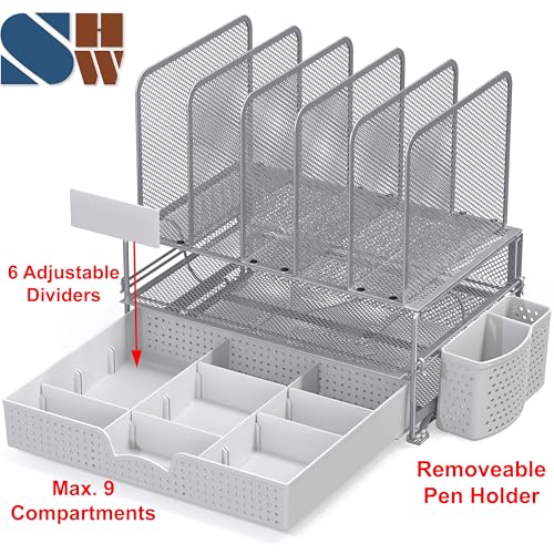 Simple Houseware Desk File Organizer for Office Supplies w/Drawer, Silver - color: Silver