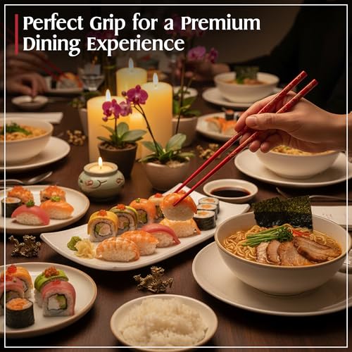 Dragon Chinese Chopsticks – Set of 2 Black & Red Wooden Chopsticks Reusable with Golden Engraved Design, Metal Chopstick Holders – Comfortable Grip Chopsticks for Sushi, Rice, Noodles