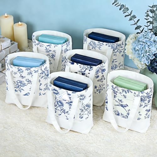 6 Pcs Mini Floral Bow Tote Bags for Women White Canvas Tote Bag Bulk Reusable Coquette Bags for Wedding Party Favor - color: Blue Floral