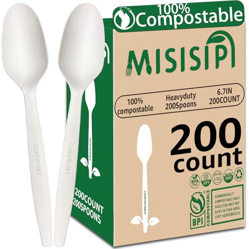 MISISIPI 200Count 100% Compostable Spoons Biodegradable Spoon HeavyDuty No Plastic Spoons Eco-friendly HeavyWeight Disposable Spoon Tableware Set for Lounge,Party,BBQ,Cafeteria,Wedding,Picnic - style: SPOONS-200