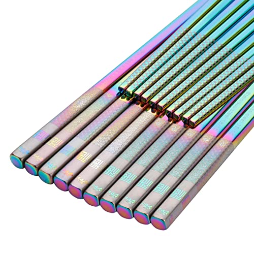 10-Pairs Metal Reusable Ramen Square Chopsticks Non Slip 18 10 Stainless Steel Chopsticks Set Dishwasher Safe for Adults Sushi, Rainbow
