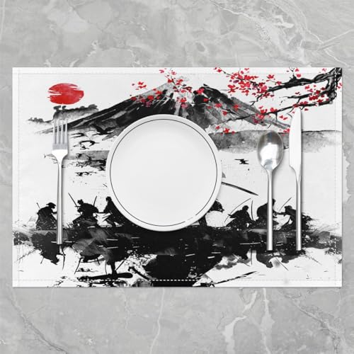 Feelyou Japanese Samurai Placemats Set Set of 4 18"x12" - color: Black and White
