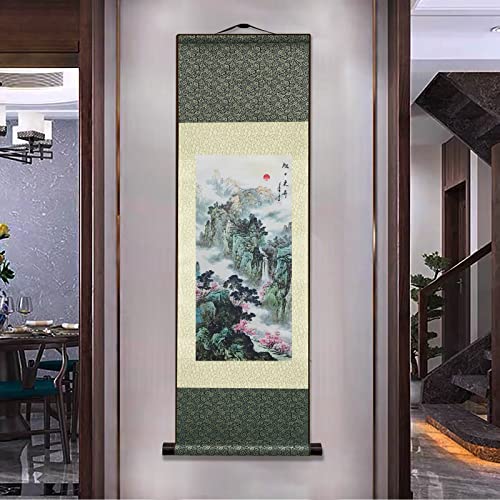 AtfArt Silk Scroll Painting, Waterfall River Landscape, 36.2x12in - color: A7