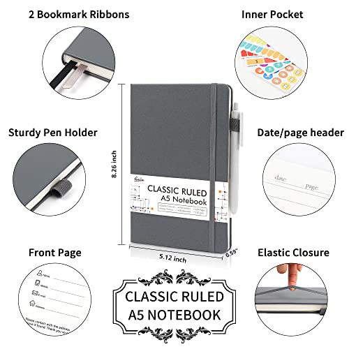 feela 5 Pack Journal Notebook Bulk for School, Hardcover Business Notebooks Classic Ruled Lined Journals with Pen Holder for Work Note Taking, with 5 Black Pens, 120 GSM, 5.1”x8.3”, A5, Gray - color: 5 Pack gray