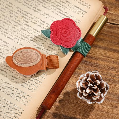 2PCS Magnetic Bookmarks with Pen Clip, Leather Bookmarks for Women, Magnetic Pen Holder Book Accessories - style: Rose & Coffee