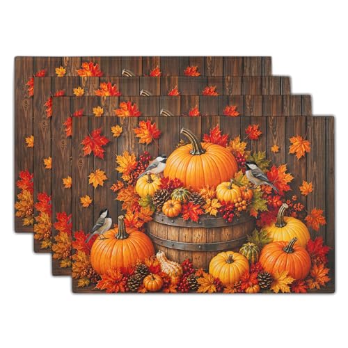 Giwawa Autumn Placemats Set of 4 12x18 Inch Fall Maple Leaf Pumpkins Birds Decorative Linen Table Mat Rustic Wood Board Grain Washable Heat Resistant Place Mat for Kitchen Dining Tabletop - color: Fall Board