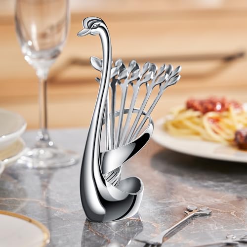 AnSaw Silver Swan Base Holder Set with 10 Pcs 4.7" Mini Leaf Spoon & Fork - color: Silver Swan